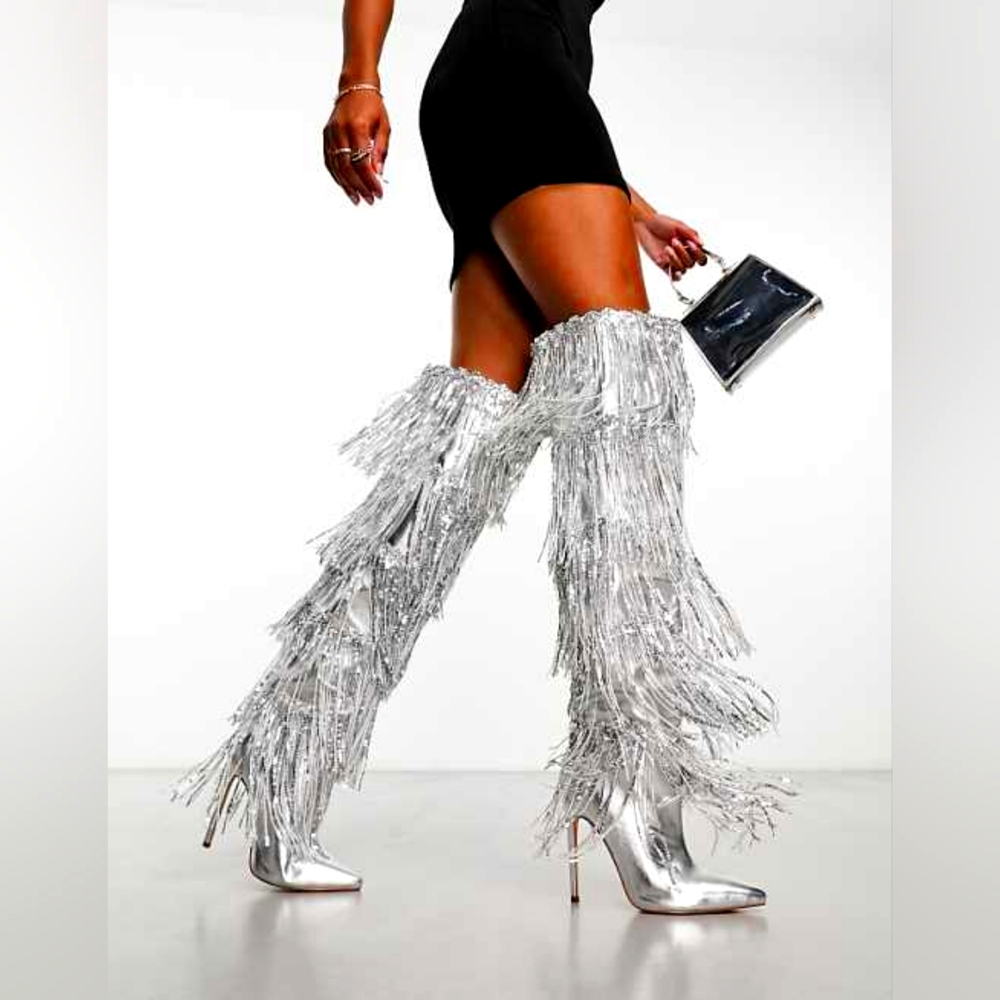 AZALEA WANG Metallic Silver Sequin Fringe Knee High Boots